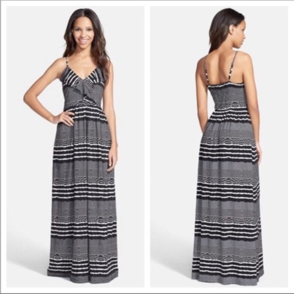 Betsey Johnson Black & White Striped Printed Ruffle Front Maxi Dress